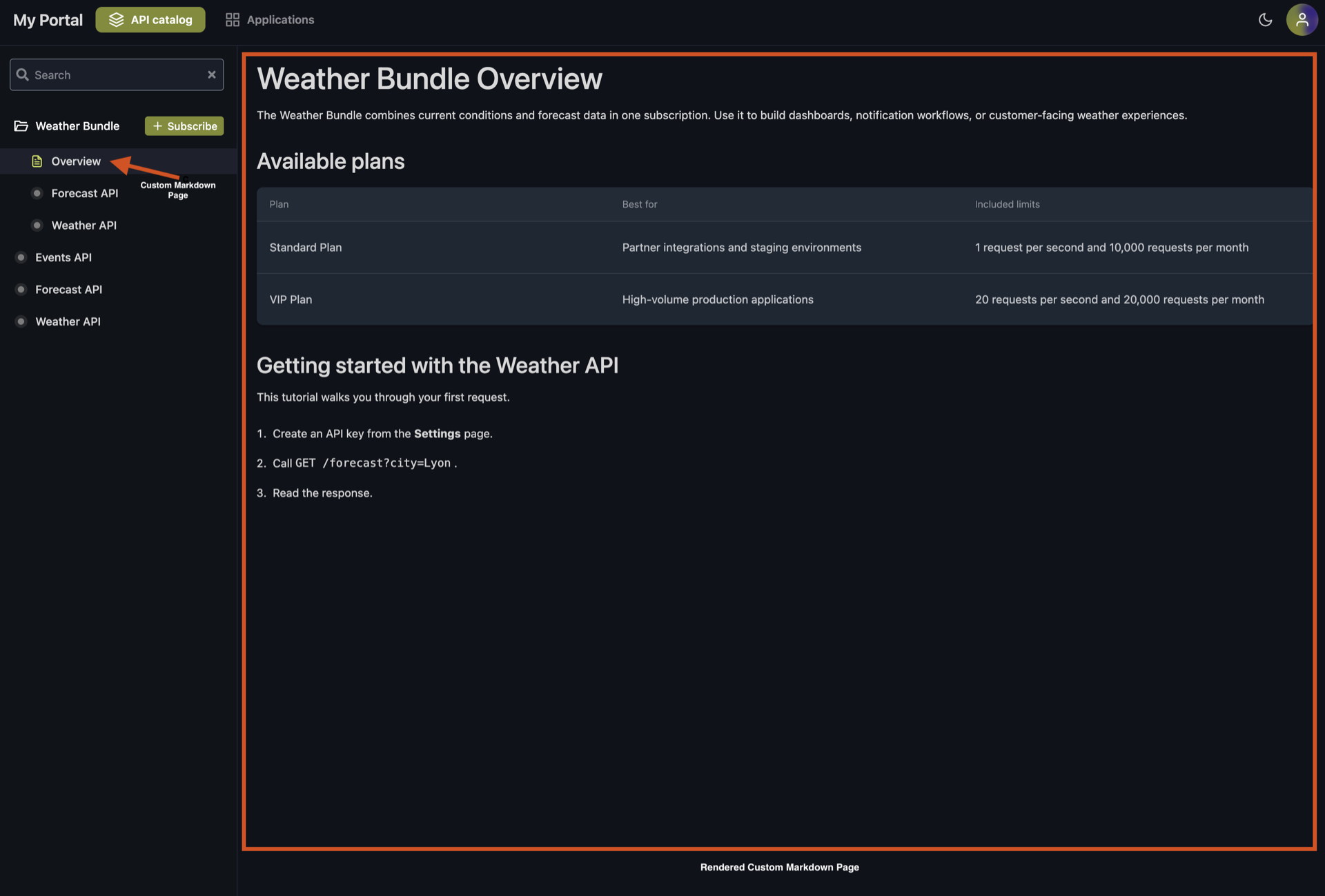 API Portal with Custom Content