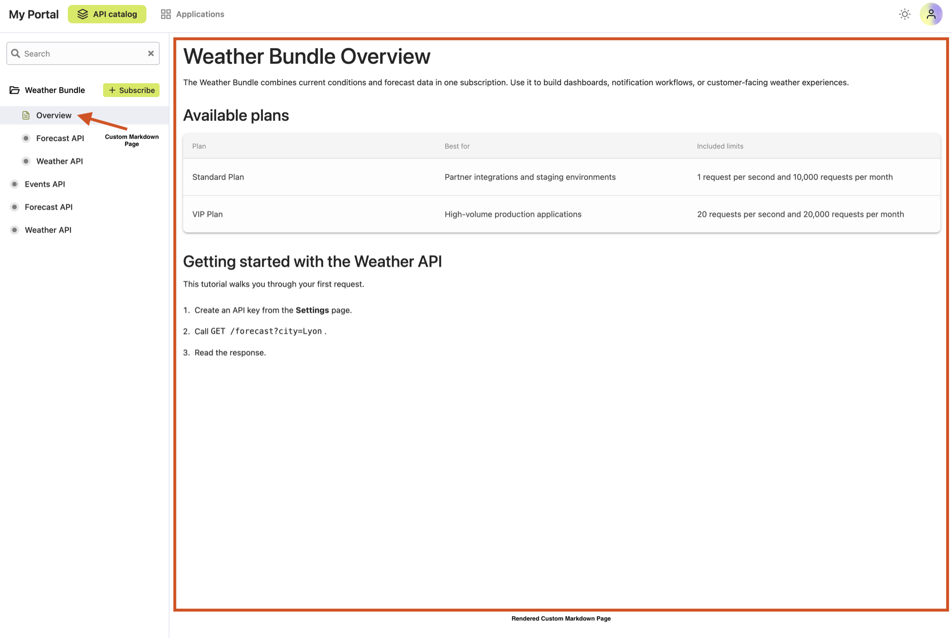 API Portal with Custom Content