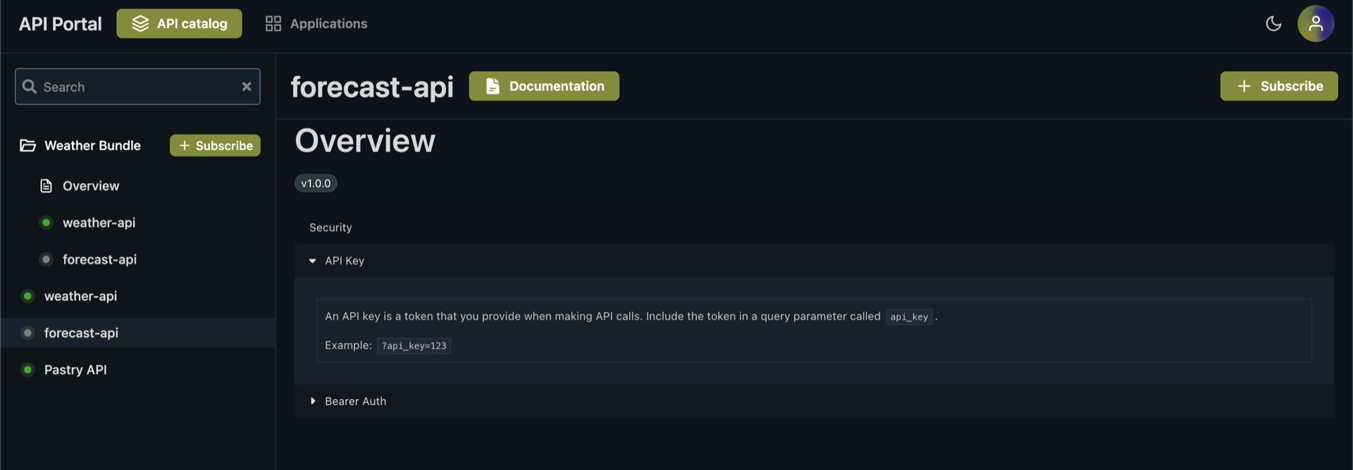 API overview page showing the Subscribe button