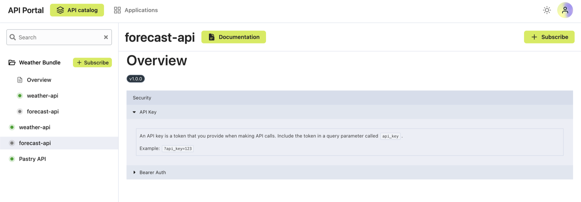 API overview page showing the Subscribe button