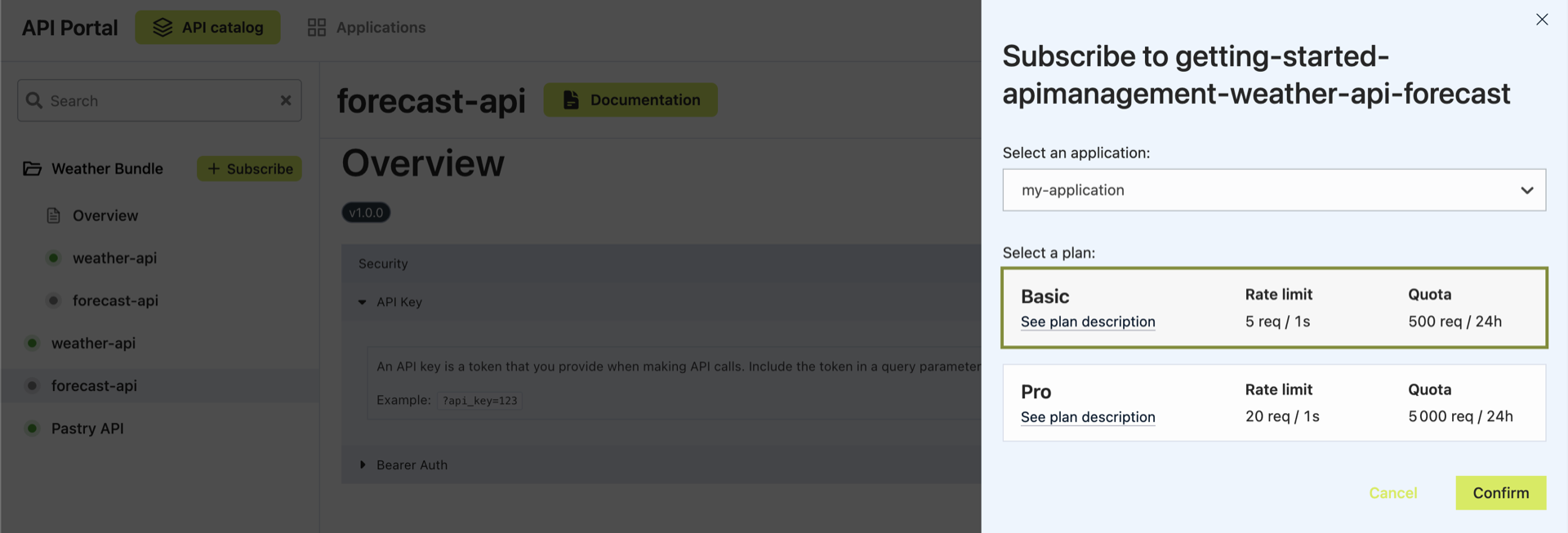 Self-service subscription form for an API