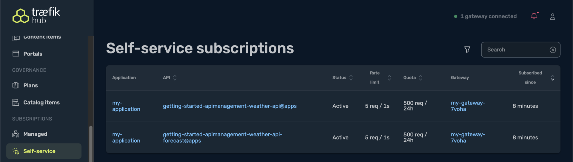 Self-service subscriptions list in Traefik Hub