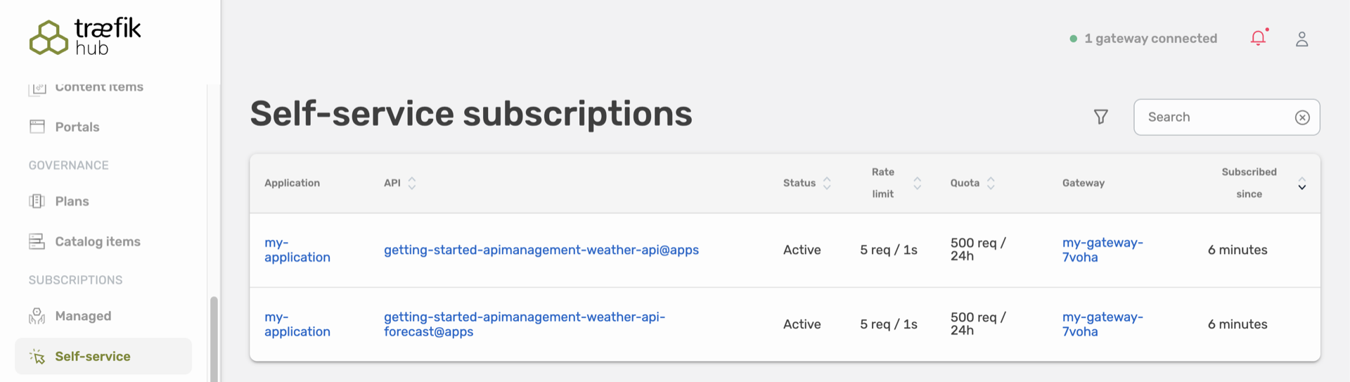 Self-service subscriptions list in Traefik Hub